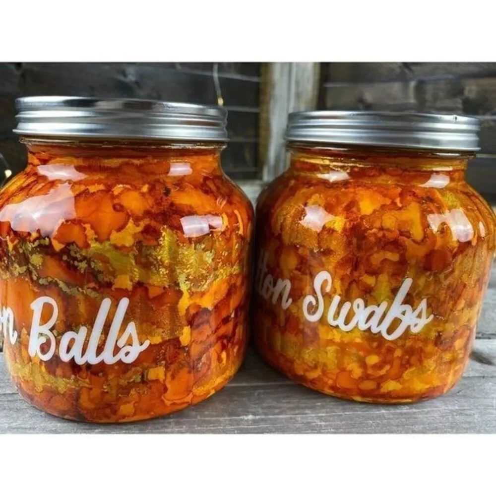 Bathroom Storage Organization Labeled Jars Resin Orange Yellow Marbled